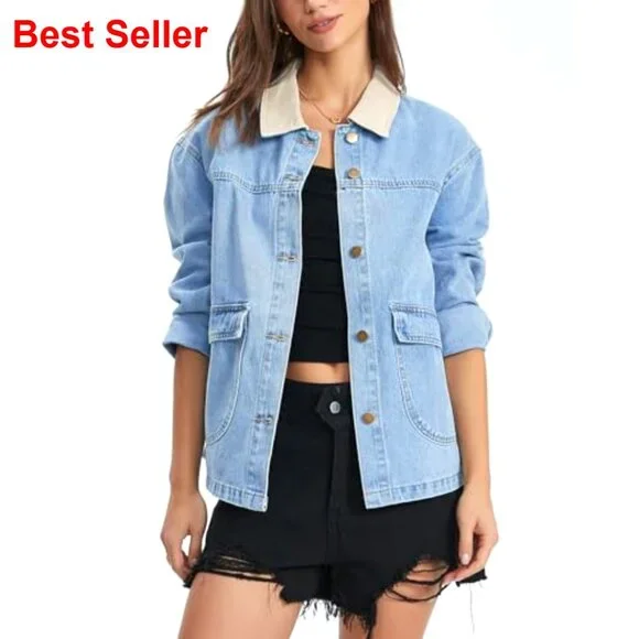 Oversized Denim Jacket Shacket with Pockets, Lightweight Spring Barn Coat